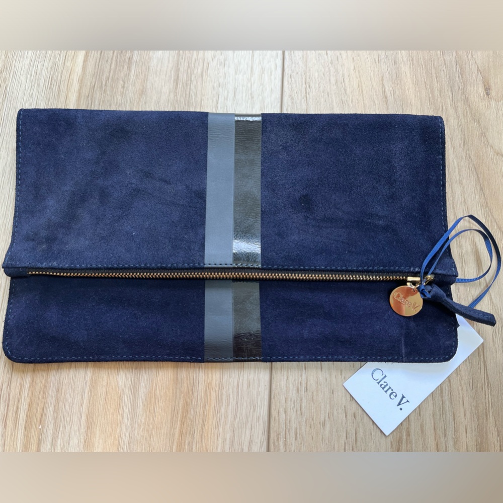 Clare V. Navy and stripe fold-over clutch